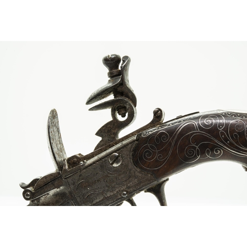 726 - A CANNON BARRELLED FLINTLOCK POCKET PISTOL signed Daugher, the grip with silver wire inlay, the butt... 