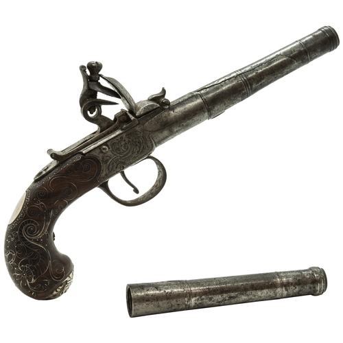 726 - A CANNON BARRELLED FLINTLOCK POCKET PISTOL signed Daugher, the grip with silver wire inlay, the butt... 