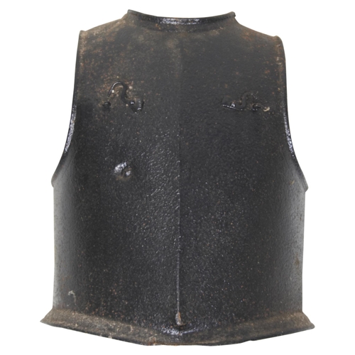 732 - AN ENGLISH CIVIL WAR IRON BREAST PLATE with raised medial ridge and bottom flange, chest with two hi... 