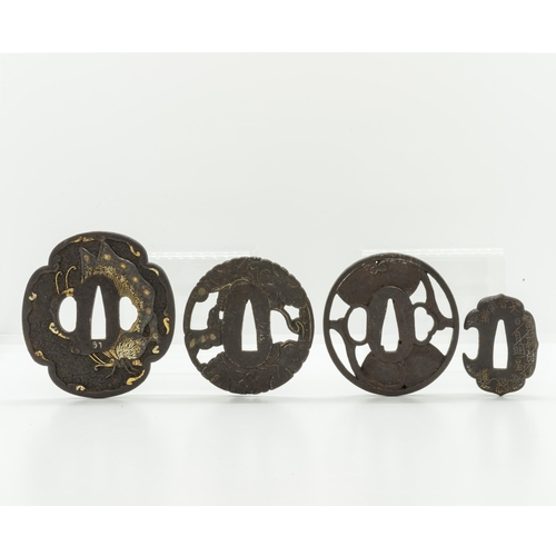 2227 - A JAPANESE IRON TSUBA beautifully decorated with butterfly in gold inlays and three other iron tsuba... 