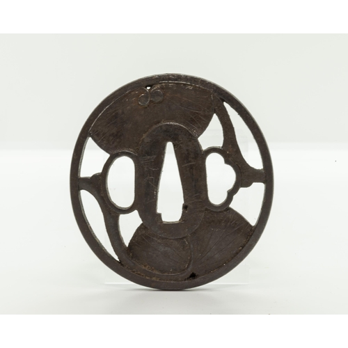 2227 - A JAPANESE IRON TSUBA beautifully decorated with butterfly in gold inlays and three other iron tsuba... 