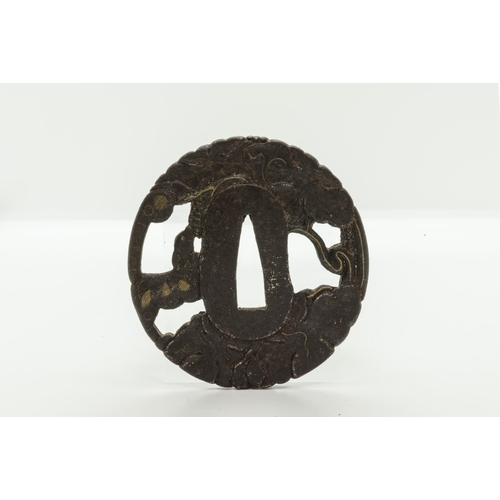 2227 - A JAPANESE IRON TSUBA beautifully decorated with butterfly in gold inlays and three other iron tsuba... 