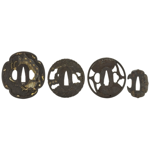 2227 - A JAPANESE IRON TSUBA beautifully decorated with butterfly in gold inlays and three other iron tsuba... 