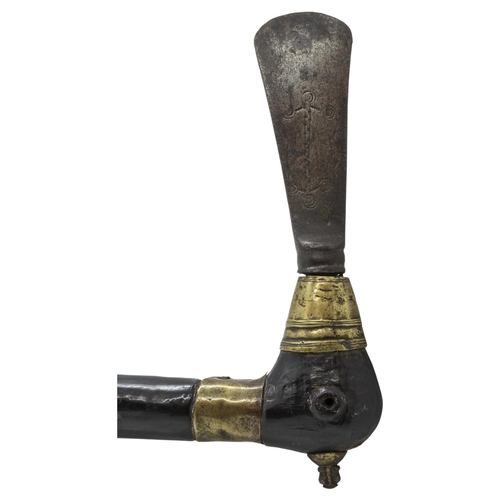 749 - A NORTH AMERICAN TOMAHAWK; TRADE BLADE AXE, the hardwood stock with brass bands. The ‘trade bl... 