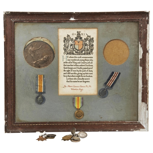 754 - A FRAMED MEDAL DISPLAY FOR PTE. ALBERT EDWARD PEARCE M.M. WILTS REG. WITH BRAVERY IN THE FIELD MEDAL... 