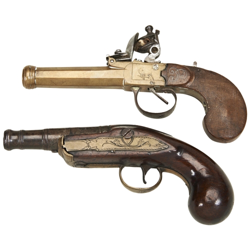 760 - A BRASS CANNON BARRELLED FLINTLOCK POCKET PISTOL, unsigned, action inactive, and a small cannon barr... 