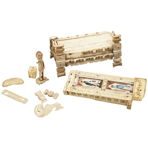 763 - A NAPOLEONIC PRISONER OF WAR BONE DOMINO SET , the box in the form of a ‘bed’ the lid en... 