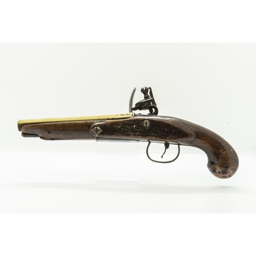 767 - T. HENSHAW, A FLINTLOCK PISTOL with brass barrel, the lock marked T. Henshaw, the stock of plain for... 