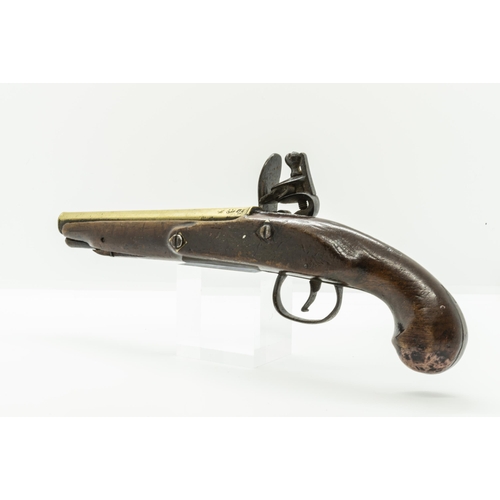 767 - T. HENSHAW, A FLINTLOCK PISTOL with brass barrel, the lock marked T. Henshaw, the stock of plain for... 