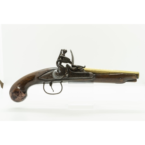 767 - T. HENSHAW, A FLINTLOCK PISTOL with brass barrel, the lock marked T. Henshaw, the stock of plain for... 