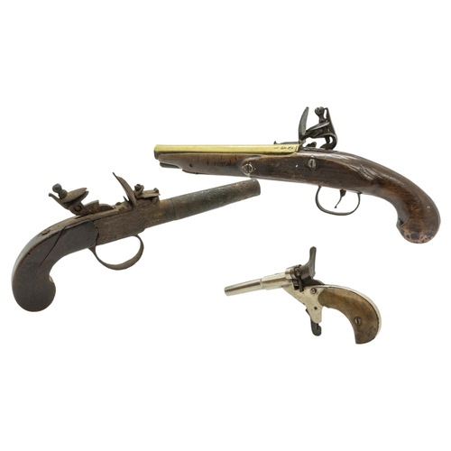 767 - T. HENSHAW, A FLINTLOCK PISTOL with brass barrel, the lock marked T. Henshaw, the stock of plain for... 