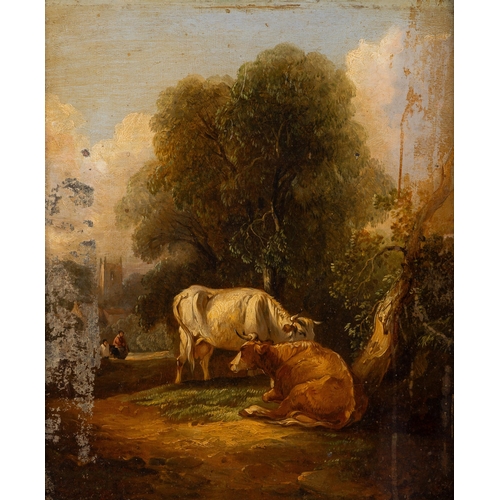 26 - ENGLISH SCHOOL (19TH CENTURY)'FIGURES AND CATTLE ON A WOODLAND PATH'oil on copper30cm x 35cm... 