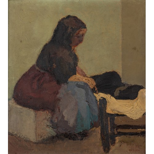 38 - GEORGE BERGEN (20TH CENTURY)SPANISH PEASANT WOMAN SEWINGoil on canvas, signed lower right29cm x 26cm... 