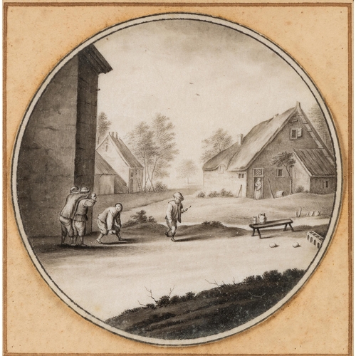 54 - DUTCH SCHOOL (18TH CENTURY)MEN PLAYING SKITTLES IN A VILLAGEpen and ink on vellum8cm diam... 