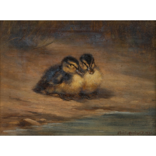 67 - ROBERT MORLEY (1857-1941)'TWO DUCKLINGS AT THE WATERS EDGE'oil on board, signed and dated 1896'23cm ... 