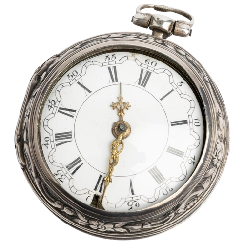 227 - A SILVER REPOUSSE PAIR CASED VERGE WATCH. Signed Stoakes, London, No 29291, square baluster pillars,... 