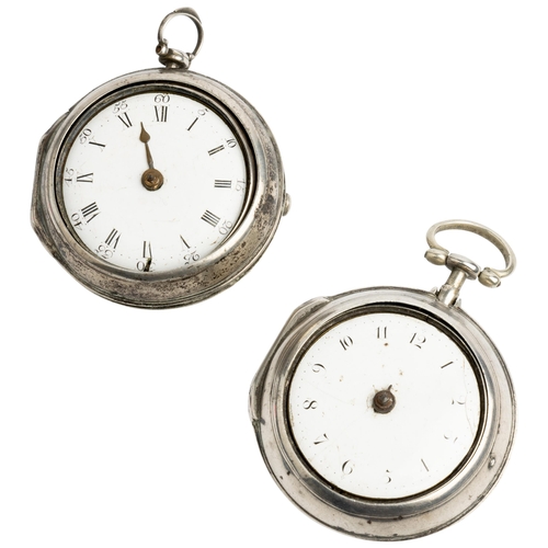 229 - A SILVER PAIR CASED VERGE WATCH. Signed lenvis, London, square baluster pillars, enamel dial with Ro... 