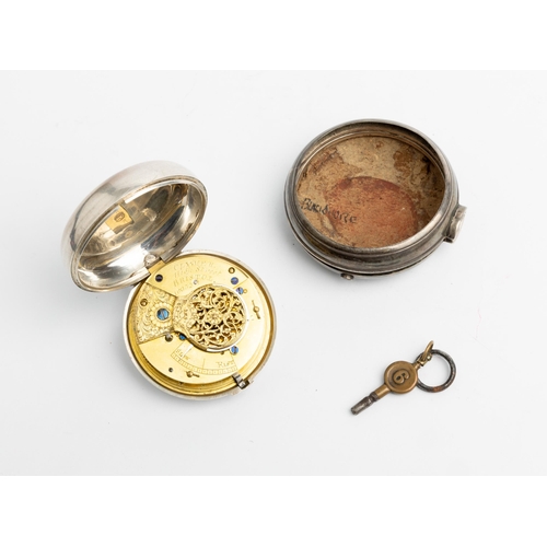 230 - A SILVER PAIR CASED VERGE WATCH. Signed Clymer High Street, Bristol, No 16052, both cases plain, Lon... 