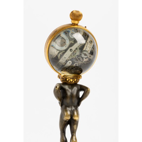 128 - A NOVELTY TIMEPIECE keyless lever ball watch mounted on the back of a bronze Atlas on pink marble an... 