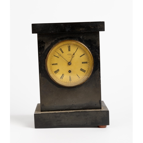 129 - A BLACK SLATE MANTEL TIMEPIECE. Machine turned gilt dial signed Dent, Strand, London, No 584, single... 