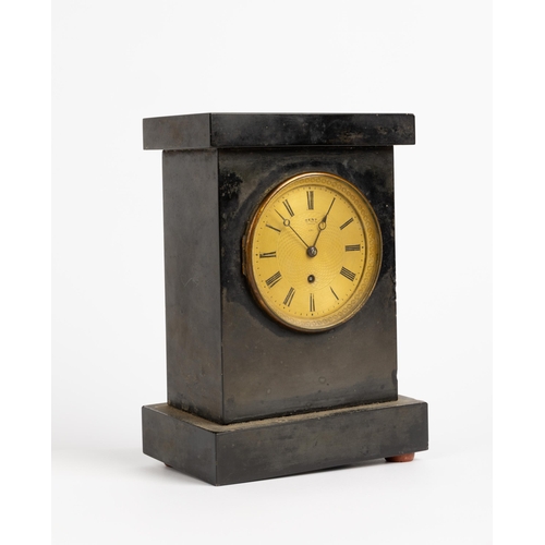 129 - A BLACK SLATE MANTEL TIMEPIECE. Machine turned gilt dial signed Dent, Strand, London, No 584, single... 