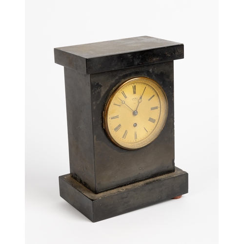 129 - A BLACK SLATE MANTEL TIMEPIECE. Machine turned gilt dial signed Dent, Strand, London, No 584, single... 