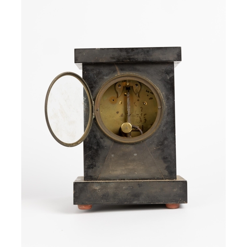 129 - A BLACK SLATE MANTEL TIMEPIECE. Machine turned gilt dial signed Dent, Strand, London, No 584, single... 