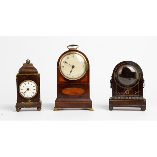 130 - A MAHOGANY MANTEL TIMEPIECE. Drum movement with cylinder escapement, English case with stringing and... 