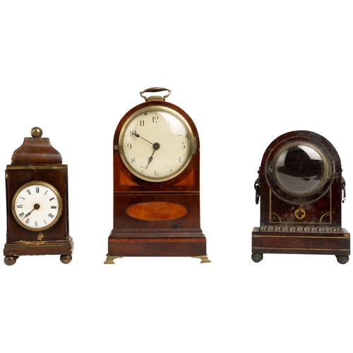 130 - A MAHOGANY MANTEL TIMEPIECE. Drum movement with cylinder escapement, English case with stringing and... 