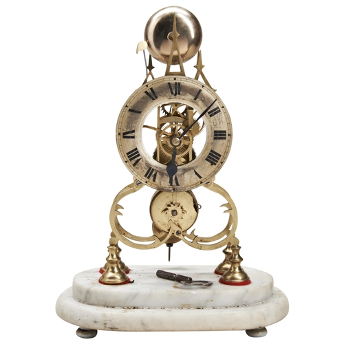 132 - A SKELETON TIMEPIECE. With one-at-the-hour strike, scrolled plates on white marble base, height 39cm... 