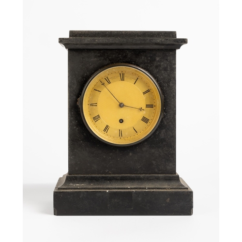 133 - A BLACK SLATE MANTEL TIMEPIECE. The machined gilt dial signed James McCabe, Royal Exchange, London, ... 