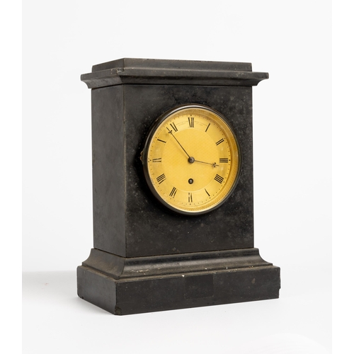 133 - A BLACK SLATE MANTEL TIMEPIECE. The machined gilt dial signed James McCabe, Royal Exchange, London, ... 