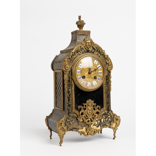 135 - A FRENCH BOULLE MATEL CLOCK. Movement by Japy Freres, sunburst pendulum, embossed gilt dial with ena... 