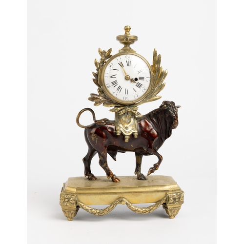 139 - A BRONZE AND ORMULO MANTEL TIMEPIECE. The drum movement converted to quarters on the back of a bronz... 