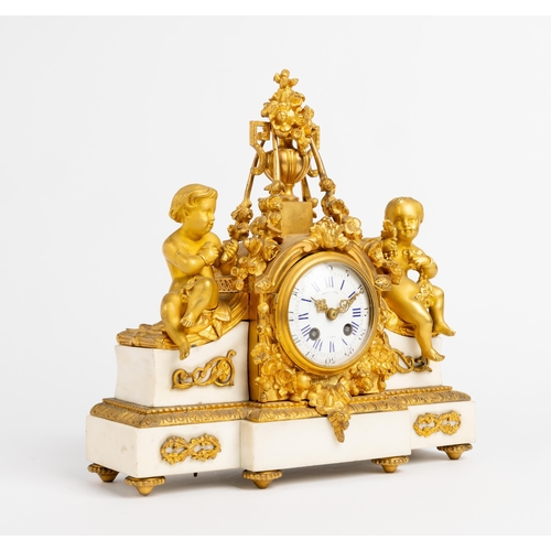 143 - A FRENCH WALNUT MARBLE AND ORMOLU MANTEL CLOCK. With enamel dial signed Raingo Freres, Paris in a br... 