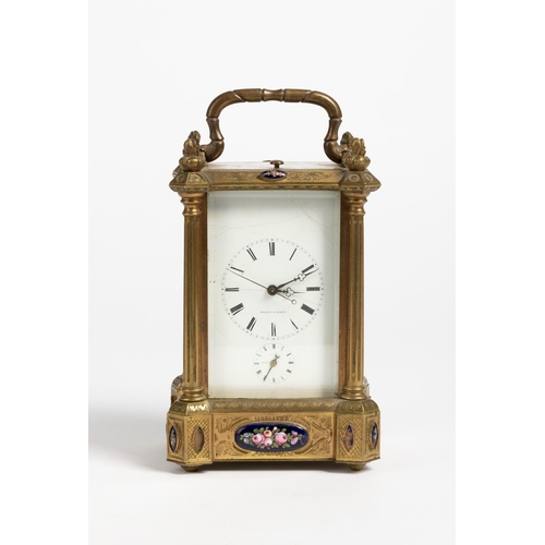 152 - AN ENAMEL MOUNTED CARRIAGE CLOCK WITH CENTRE SECONDS white enamel dial (cracker) signed Ellis a Pari... 