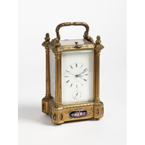 152 - AN ENAMEL MOUNTED CARRIAGE CLOCK WITH CENTRE SECONDS white enamel dial (cracker) signed Ellis a Pari... 