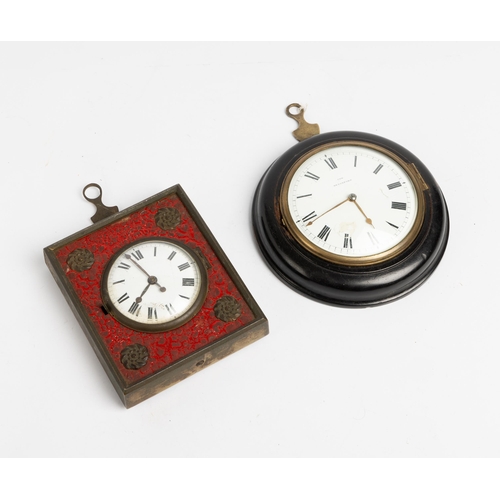 154 - TWO SEDAN TIMEPIECES. The 1st with shield shaped verge movement, white enamel dial signed Cox, Devon... 