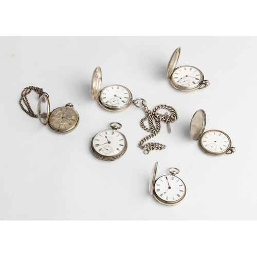 237 - SIX VARIOUS SILVER WATCHES. 3 hunting cased, 3 open faced and 2 chains. (6)