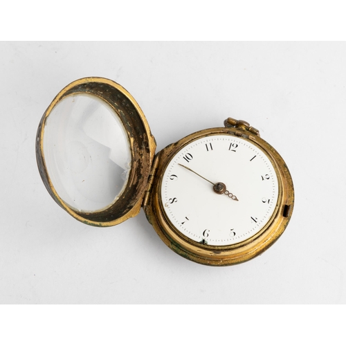 241 - A GILT METAL AND UNDERPAINTED HORN VERGE WATCH. Signed Jho Kirton London. Egyptian pillars, white en... 