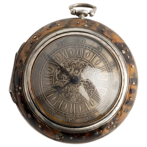 243 - A SILVER AND TORTOISESHELL TRIPLE CASED VERGE WATCH FOR THE TURKISH MARKET. Signed Markwick Markham ... 