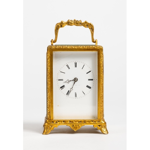 159 - A CARRIAGE CLOCK IN ONE PIECE CASE Stamped Japy Freres, white enamel dial (cracked) lever platform, ... 