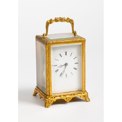 159 - A CARRIAGE CLOCK IN ONE PIECE CASE Stamped Japy Freres, white enamel dial (cracked) lever platform, ... 