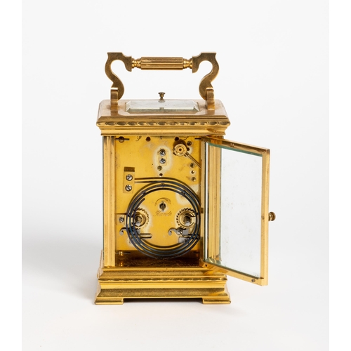 160 - A REPEATING CARRIAGE CLOCK lever platform, cream angular chapter ring against a pierced foliate mask... 