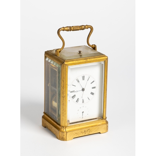 169 - A CARRIAGE CLOCK IN ONE PIECE CASE WITH CENTRE SECONDS bezel striking repeating movement stamped Jap... 