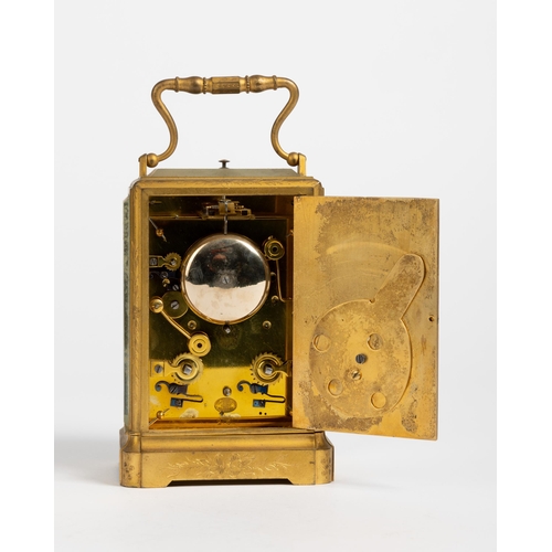 169 - A CARRIAGE CLOCK IN ONE PIECE CASE WITH CENTRE SECONDS bezel striking repeating movement stamped Jap... 