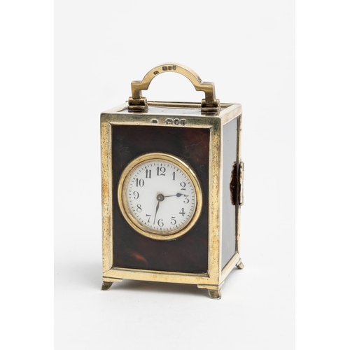 172 - A MINIATURE TORTOISESHELL AND SILVER CARRIAGE TIMEPIECE French movement with lever platform, white e... 