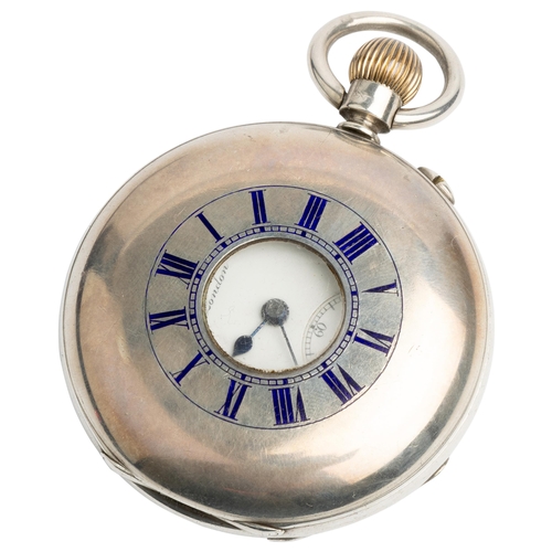 253 - A SILVER HALF HUNTING CASED KEYLESS LEVEL WATCH. Signed J.W.Benson, Ludgate Hill, London, No.11961,T... 