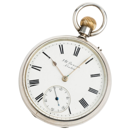 254 - A SILVER KEYLESS LEVER WATCH. Signed J.W.Benson, Ludgate Hill, London, No.577866. The Bank Watch. Be... 