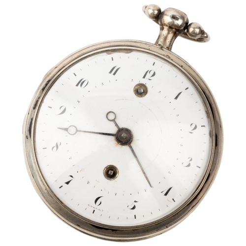 255 - A SILVER ALARM VERGE WATCH. White enamel dial signed Robert, concentric alarm setting hand, the bell... 